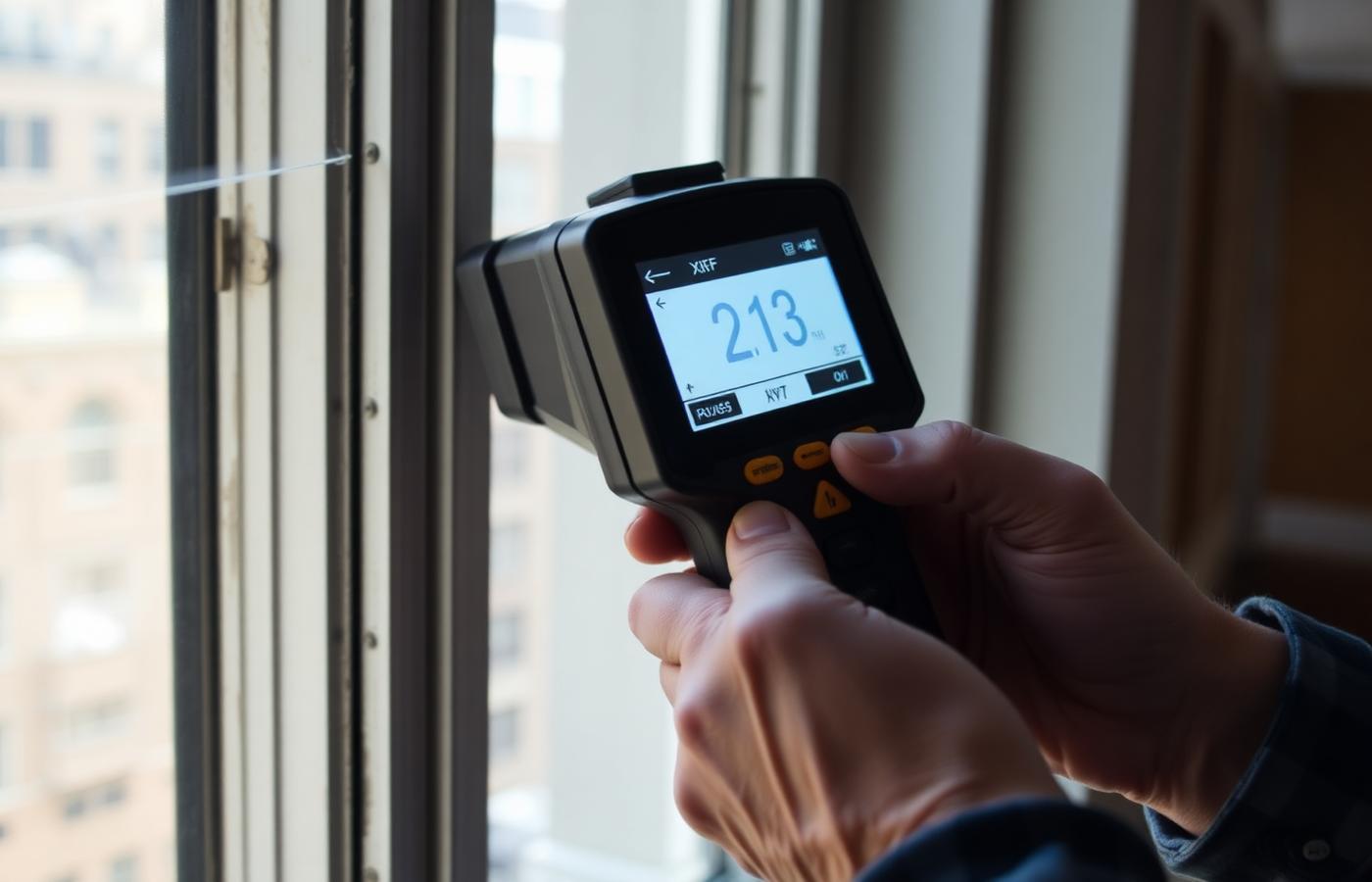 Inspector using a handheld XRF lead paint analyzer on a window frame in a NYC apartment building